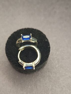 Sterling-Style Huggie Earrings with Royal Blue Baguette Stones
